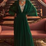 Emerald Green Georgette Embellished Draped Maxi Dress