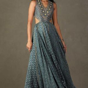 Blue Silk Geometric Printed Maxi Dress