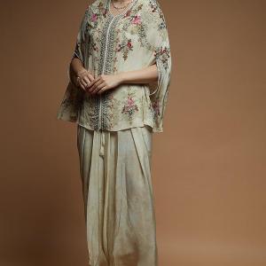 Beige Bemberg Crepe Digital Printed Jacket Dress