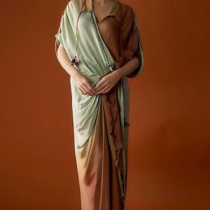 Pistachio & Coffee Satin Draped Maxi Dress