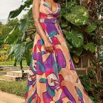 Peach Organza Floral Printed Cowl Maxi Dress