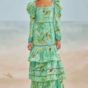 Sea Green Slub Schiffli Printed Maxi Dress